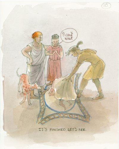 The master craftsman revealing the mosaic floor to Marcus and Julia, 2003 by Judith Dobie