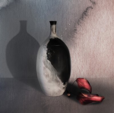 Black Vase Red Leaves by Judy Tseng