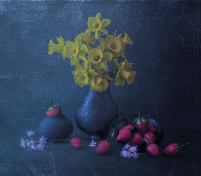 Yellow Daffodils And Strawberries by Judy Tseng