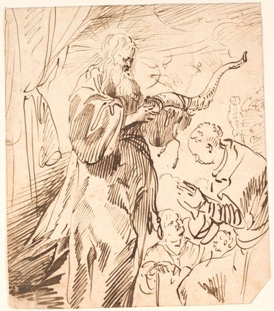 Holy Man with Horn in Hand, Surrounded by Three People by Jürgen Ovens