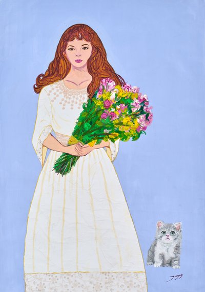 Girl With Flowers And Kitten by Jukyong Park