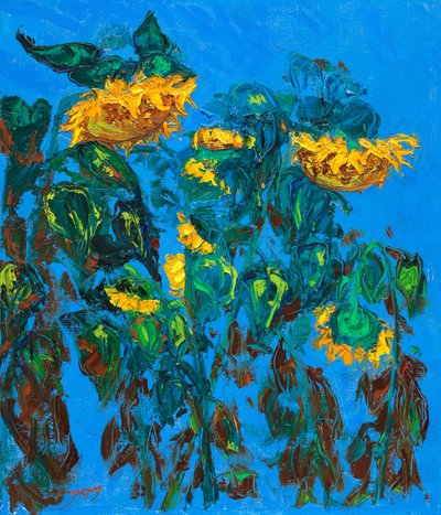 Painted Sunflowers Blue Sky by Jukyong Park