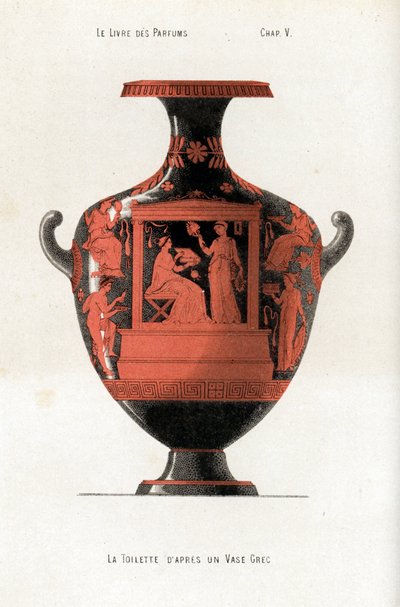 Greek Vase Decorating a Woman at Her Toilette Holding a Box of Cosmetics and Perfumes Assisted by a Slave Who Waves a Fan by Jules (after) Cheret