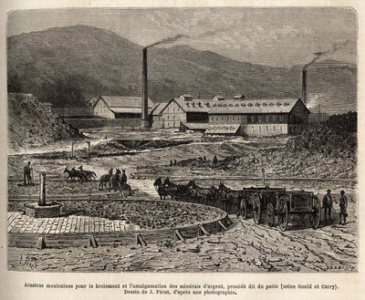 Mexican arastras (area trampled by the feet of the mules, as for the treading of the bles) for the grinding and amalgamation of silver ores (Gould and Curry factories) in the vicinity of Virginia City (Nevada), engraving after J.Ferat