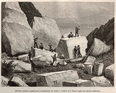 Mormon carving granite for temple construction (Engraving after J. Ferat