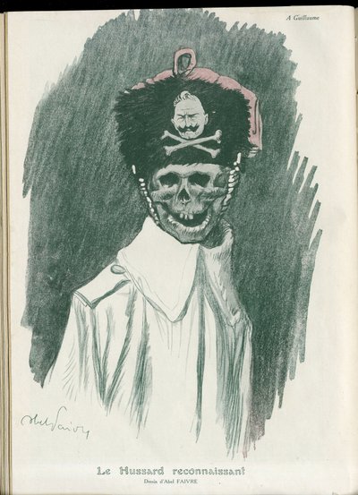 Illustration by Abel Faivre (1867-1945) in Fantasio, 01/05/15 - The grateful Hussard - War of 14-18, Germany Prussian - William II, Reaper/Comrade - Death, FacesRiantes by Jules Abel Faivre