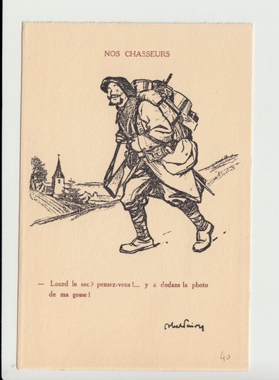 Postcard, Satirical in B&W, ca. 1915: Our Hunters - War of 14-18, Photography, Paternity, Jam of skull - Soldiers, Alpine Hunters by Jules Abel Faivre