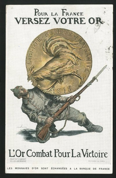 Postcard, Satirical in colors, circa 1915: For France, Pour your gold - War of 14-18, Germany Prussia, Silver, Belligerents and symbols, Victory, Borrowing, Patriotic days - Rooster - Illustration by Abel Faivre (1867-1945) by Jules Abel Faivre