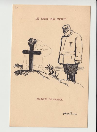 Postcard, Satirical in B & W, ca. 1915: Day of the Dead - War of 14-18, Mourning Funerals - Joffre, Soldiers by Jules Abel Faivre