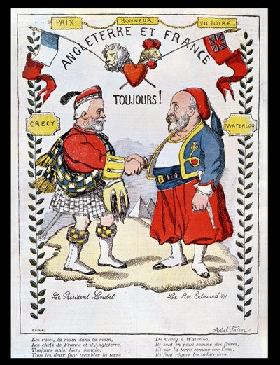 The Entente Cordiale between France and Great Britain: caricatures of President Loubet and King Edward VII, illustration from 