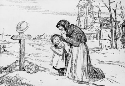 Widow and her small daughter crying over the tomb of their father and husband during the First World War, November 1 by Jules Abel Faivre