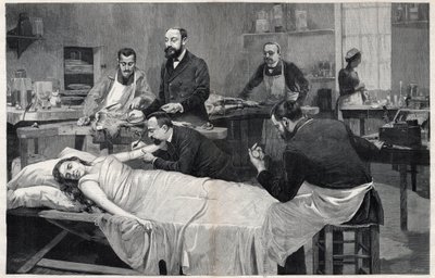 Patient Receiving a Blood Transfusion from a Goat by Jules Adler
