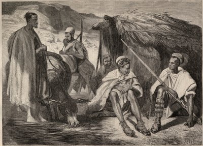 Kabyl tribes in Algeria in 1857. Engraving after the drawing by Jules Rigo. Engraving in 