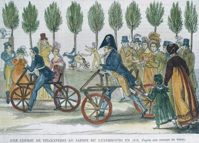 A Velocipede Race at Jardin du Luxembourg in 1818 after an Engraving of the Time, engraved by P. Comte by Jules Antoine Duvaux