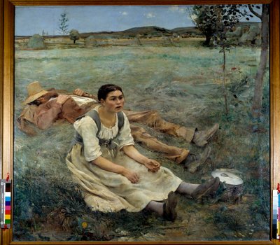 A woman sitting in the grass next to a man sleeping during the harvest season by Jules Bastien Lepage
