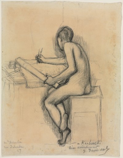 Study of a Seated Nude Female Model Drawing by Jules Bastien Lepage