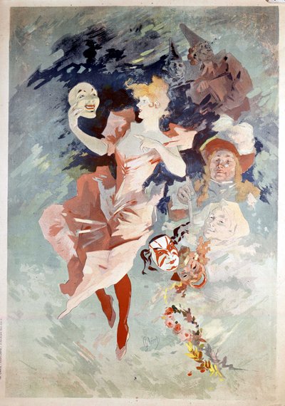 Carnival poster by Jules Cheret: woman with mask, B.N. Paris. 19th century. by Jules Cheret