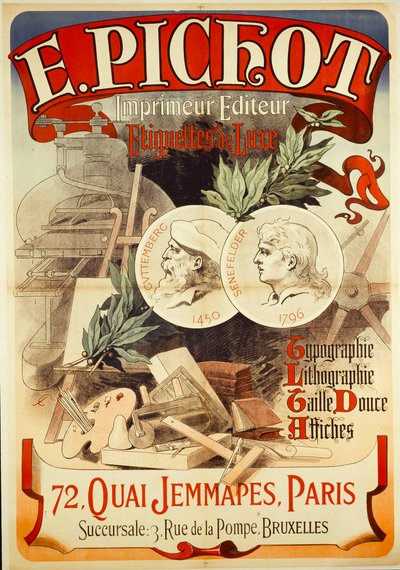 E.PICHOT/Printer Publisher/Luxury Labels/Typography/Lithography/Intaglio/ Posters/72, QUAI JEMMAPES, PARIS by Jules Cheret
