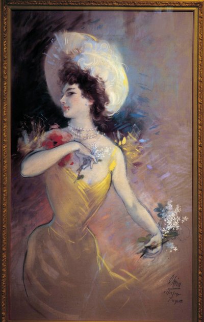 Young Woman with Hat and Bouquet of Flowers by Jules Cheret