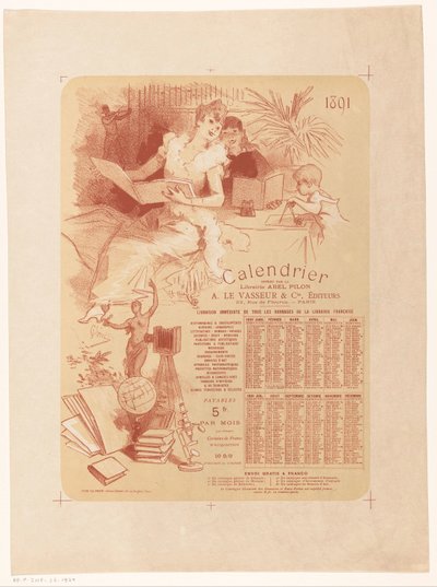 Calendar of Bookstore Abel Pilon and Publisher A. Le Vasseur & Cie for the Year 1891 by Jules Cheret