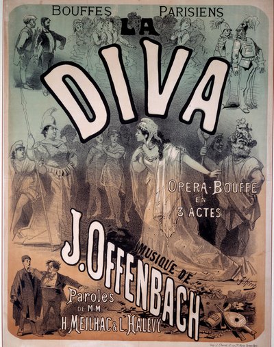 Poster for the operette Diva put to music by Jacques Offenbach at the Parisian Bouffes by Jules Cheret