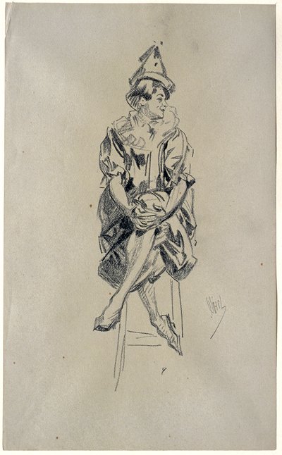 Seated Female Clown with Legs Crossed and Hands Clasped over Left Knee by Jules Cheret