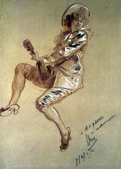 Seated Pierrette, playing the Mandolin by Jules Cheret