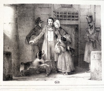 Man leaving prison and reunited with his family, c. 1830 by Jules David