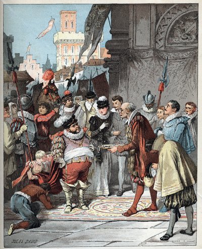 Sancho Panza appointed as governor of Barataria island - Illustration of Jules David (1808-1892) from Histoire de Don Quixote (Don Quixote) - 1887 - by Miguel de Cervantes Saavedra (1547-1616) by Jules David