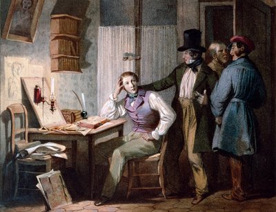 Study. A studious student at his office stays at work while his friends go out by Jules David