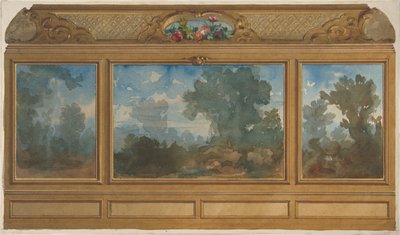 Elevation of a paneled interior decorated with painted landscapes and coves, 1830-97 by Jules Edmond Charles Lachaise and Eugène Pierre Gourdet