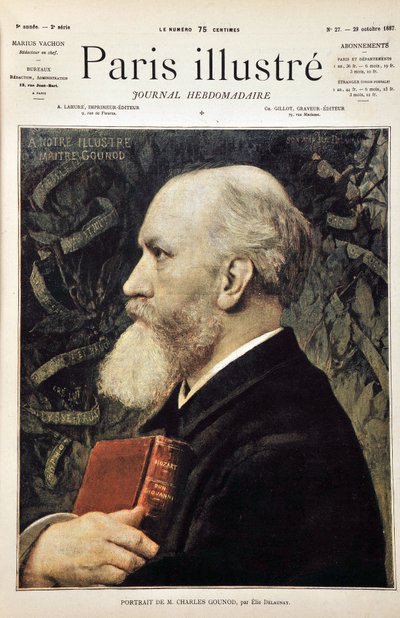 Portrait of Charles Gounod (with the score of Don Giovanni by Mozart) based on the portrait of Elie Delaunay. Engraving from 1887 in 