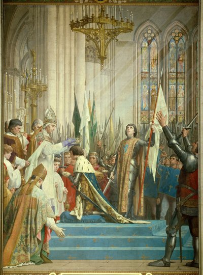 King Charles VII (1403-1461) received the crown in the Cathedral of Reims on 17/07/1429 in the presence of Joan of Arc (1412-1431) by Jules Eugene Lenepveu
