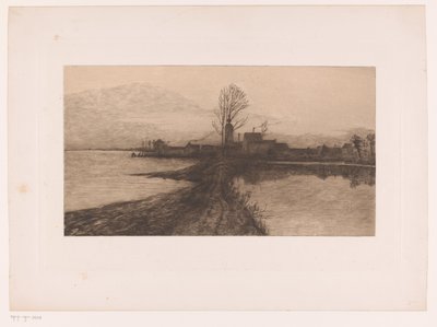 View of Buildings at the End of a Narrow Elevated Path Between Two Lakes by Jules Guiette