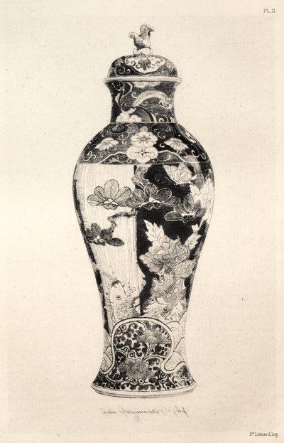 History of the Ceramic Art: A Descriptive and Philosophical Study of the Pottery of All Ages and All Nations: Japan: Chrysanthemo-Paeonian Family. -Jar, "Potiche," with the Dog of Fo, and a Carp Leaping Out of the Water (Plate III) by Jules Jacquemart