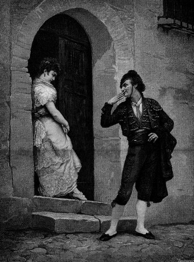 The start of the bullfighter for the race. 19th century. Engraving after the painting by Rougeron by Jules James Rougeron