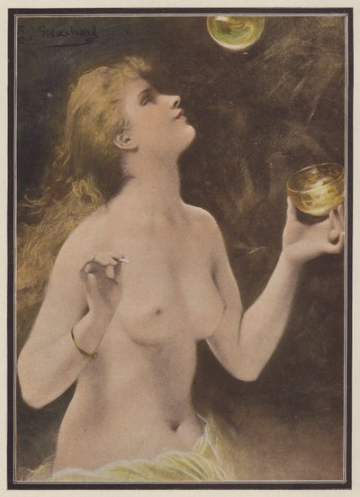Woman blowing soap bubbles by Jules Louis Machard