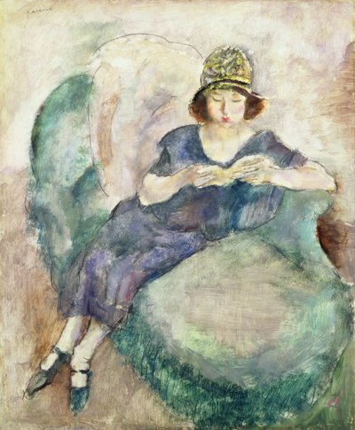 Girl in Blue Reading on a Sofa by Jules Pascin