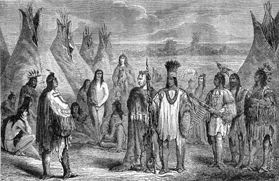 Group of Delawares Indians in their tipi camp by Jules Pelcoq
