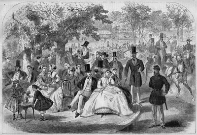 Parisian life scene, an afternoon at the Bois de Boulogne in the 19th century. Engraving after a drawing by Pelcoq. In 