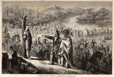 The war pole, the Baron of Wogan captured by the Indians of the Timpabaches tribe, is located on the banks of the San Juan, river arm of the Rio Grande, drawing by Jules Pelcoq, to illustrate the story of the Baron de Wogan