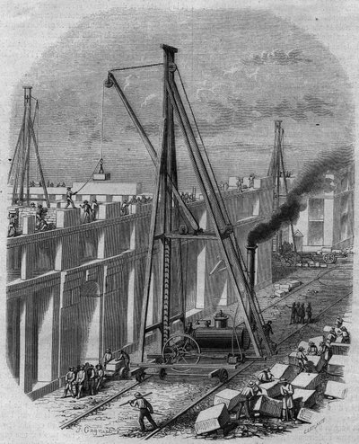 Elevatory steam machine used on a construction site of a house. Engraving by Gagniet in 