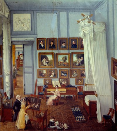 Internal view of the residence of the Knight Pradel of Saint Charles A large four-poster bed adorns the room used as a workshop. A child plays and a young woman is in front of a piano. by Julie Pradel