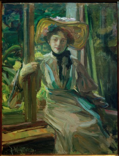 Girl with Hat by an Open Window by Julie Wolfthorn