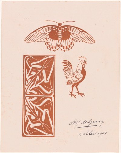 Butterfly, Rooster, and Foliage by Julie de Graag (signed by artist)