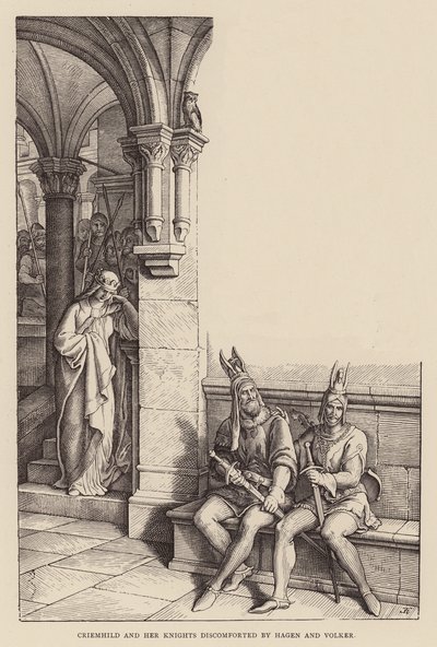 Criemhild and Her Knights Discomforted by Hagen and Volker by Julius (after) Schnorr von Carolsfeld