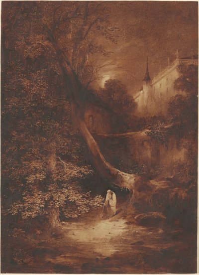 Moonlit Landscape with a Monk Walking near a Palace by Julius Albert Elsasser