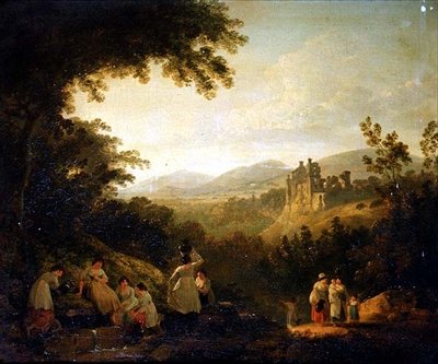 A Wooded Landscape with Washerwomen by a Fountain by Julius Caesar Ibbetson