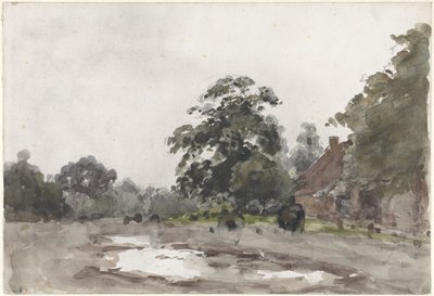 Farmhouse under Tall Trees with Water in the Foreground by Julius Jacobus van de Sande Bakhuyzen