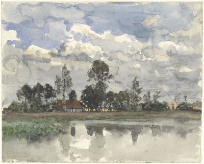 Trees Reflecting in the Water Under a Cloudy Sky by Julius Jacobus van de Sande Bakhuyzen